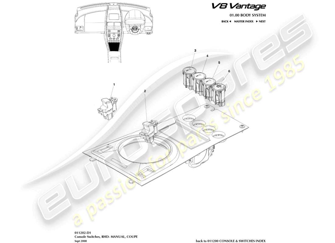 aston martin v8 vantage (2006) interruptores de consola, cupé, diagrama de piezas con volante a la derecha