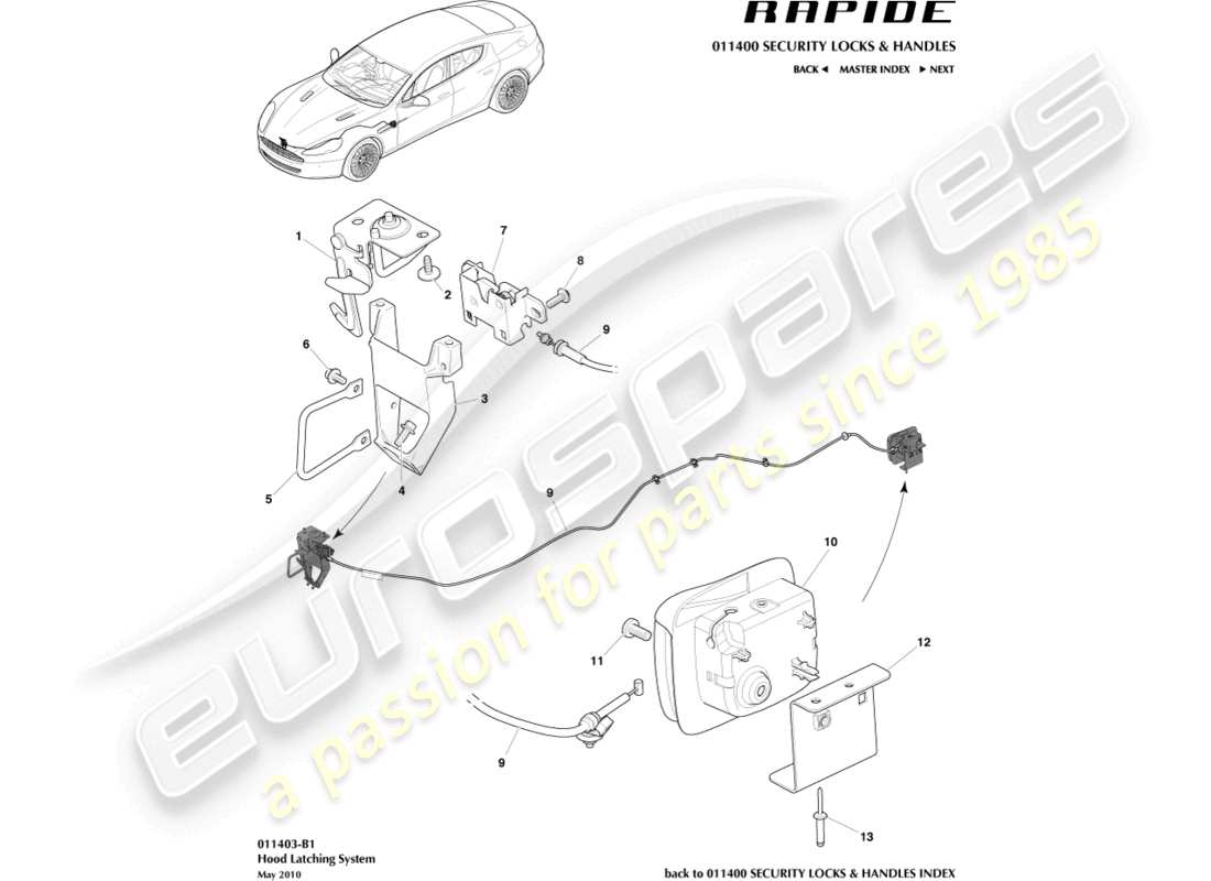 aston martin rapide (2012) sistema de cierre del capó diagrama de piezas