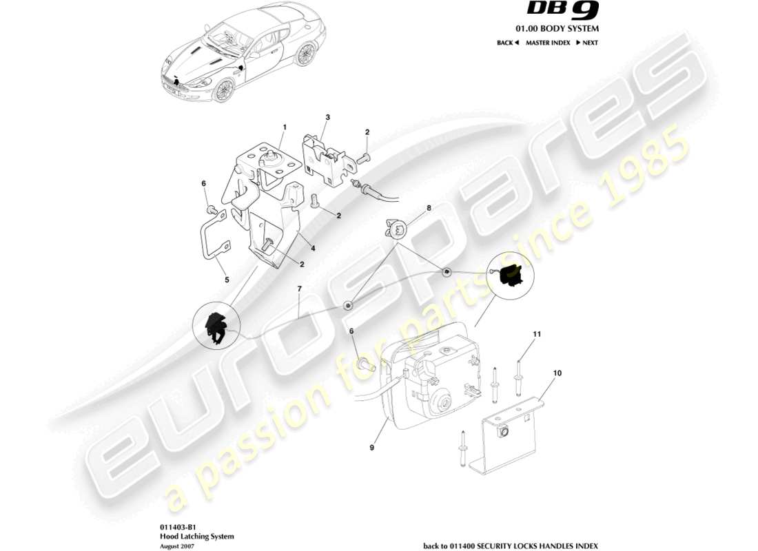 aston martin db9 (2006) diagrama de piezas del sistema de cierre del capó