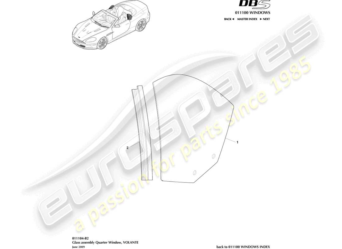 aston martin dbs (2014) vidrio del cuarto trasero, diagrama de piezas de volante