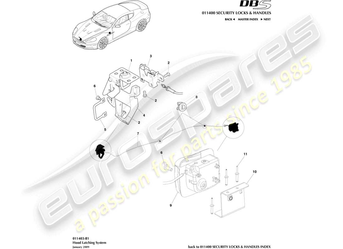 aston martin dbs (2013) diagrama de piezas del sistema de cierre del capó