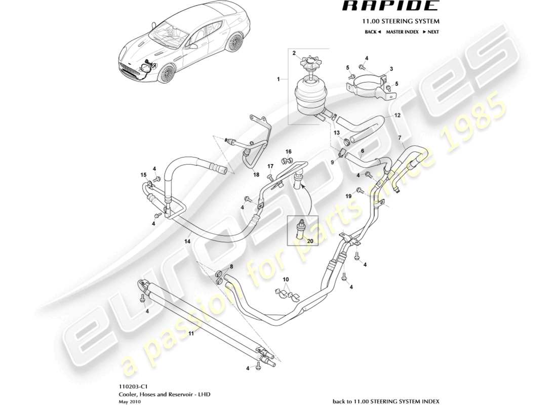 aston martin rapide (2010) mangueras pas, volante a la izquierda diagrama de piezas