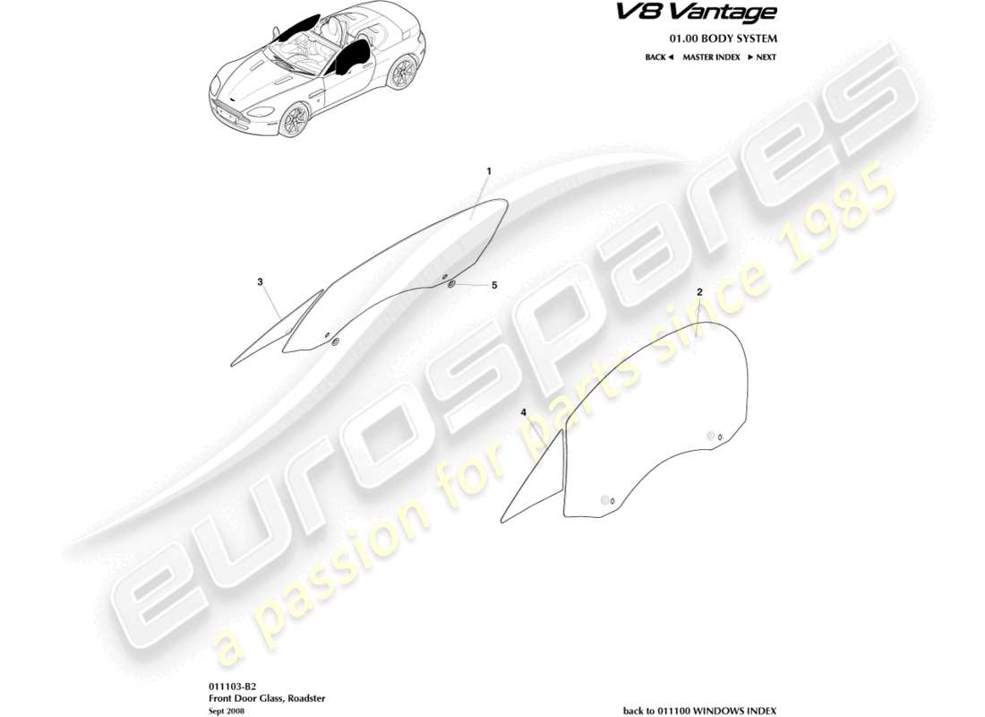 aston martin v8 vantage (2012) vidrio de puerta, diagrama de piezas del roadster