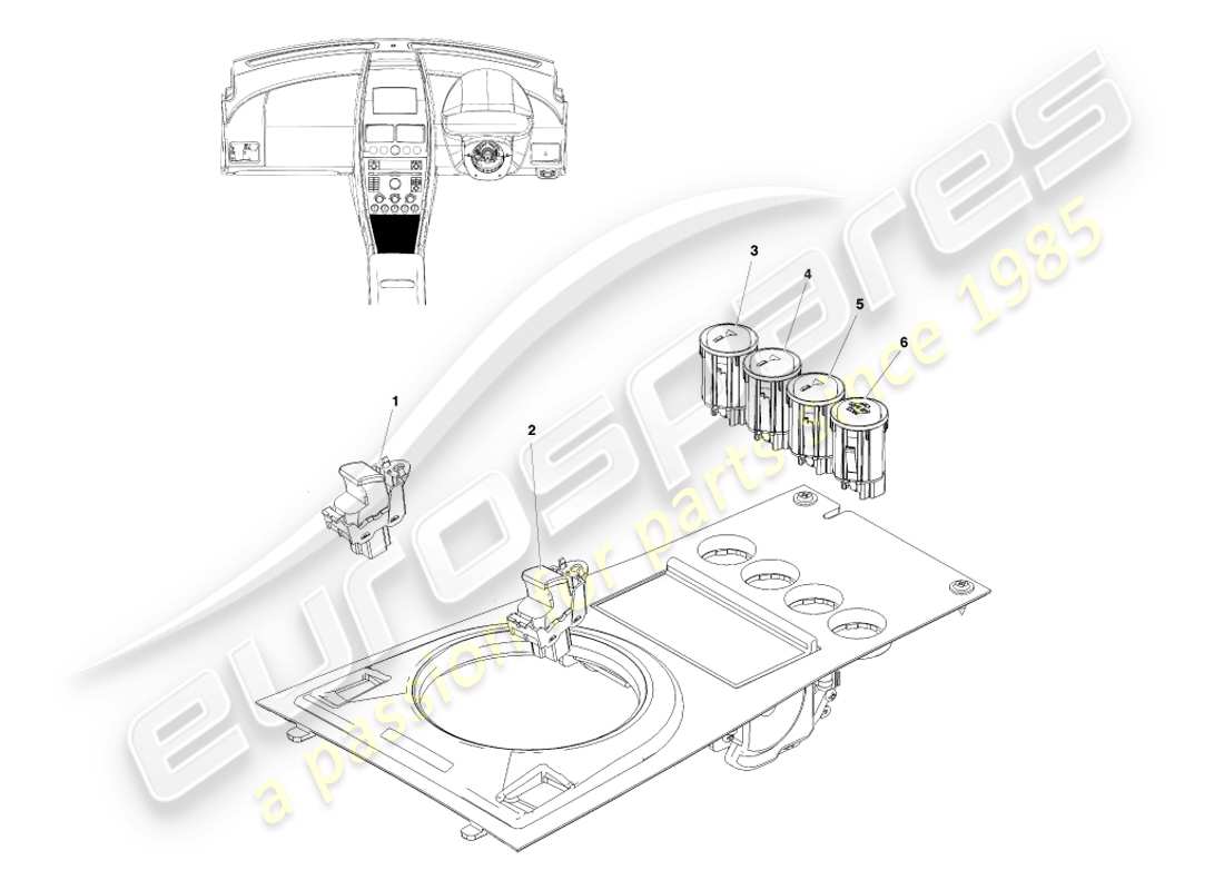 aston martin v8 vantage (2005) interruptores de consola, cupé, diagrama de piezas con volante a la derecha