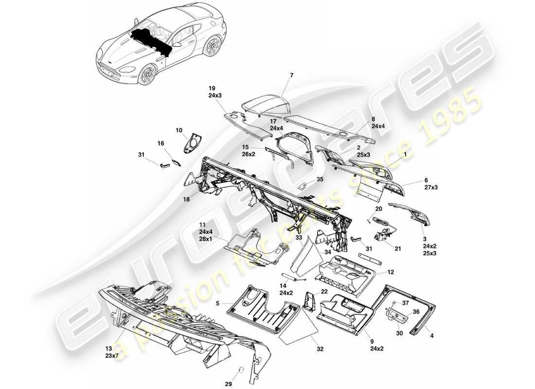 aston martin v8 vantage (2005) panel de instrumentos, diagrama de piezas rhd