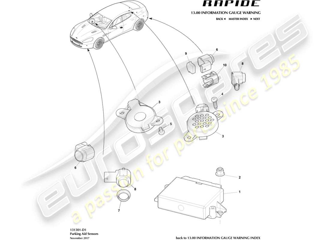 aston martin rapide (2010) diagrama de piezas de los sensores de ayuda al estacionamiento