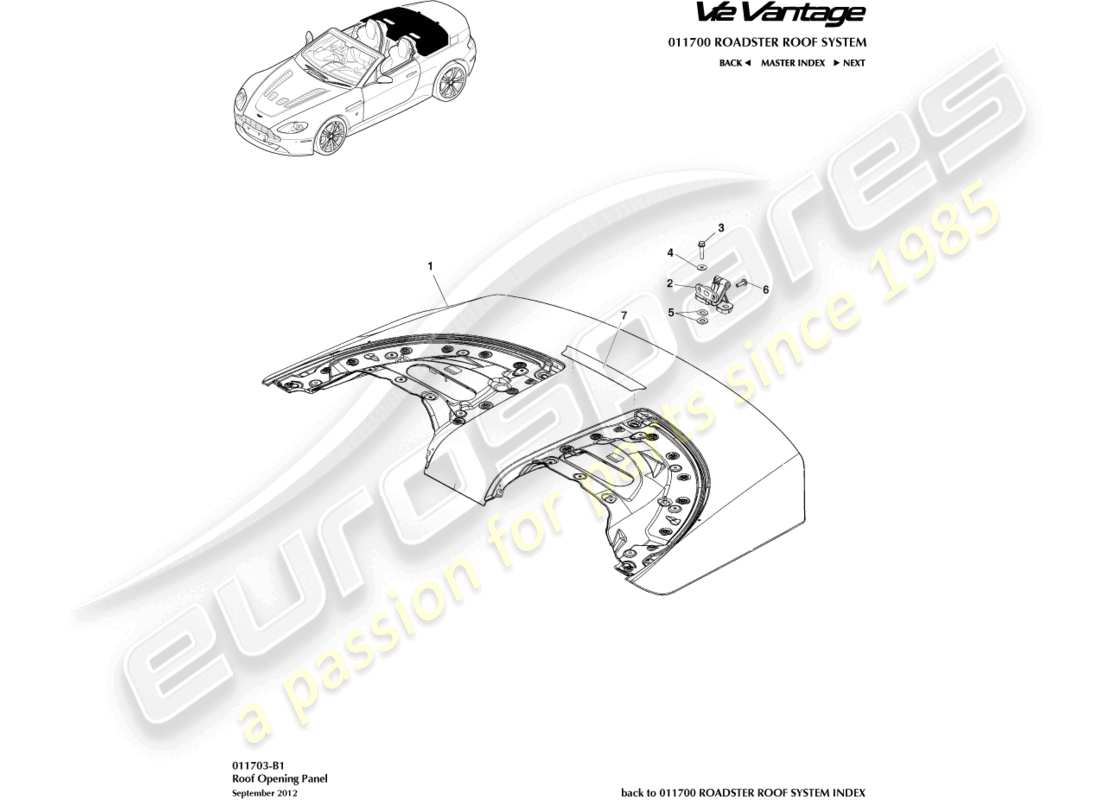 aston martin v12 vantage (2010) diagrama de piezas del panel de abertura del techo