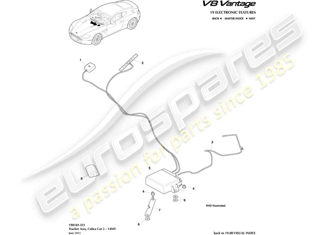 aston martin v8 vantage (2013) tracker, cobra, diagrama de pieza 14my