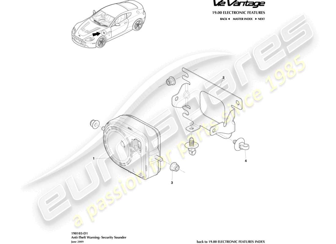 aston martin v12 vantage (2010) diagrama de piezas de la sirena de seguridad