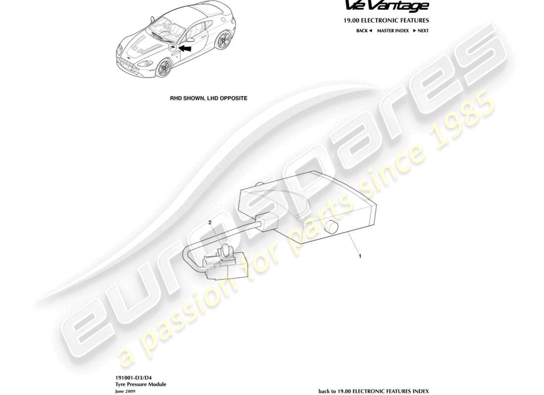 aston martin v12 vantage (2010) diagrama de piezas del módulo de presión de neumáticos
