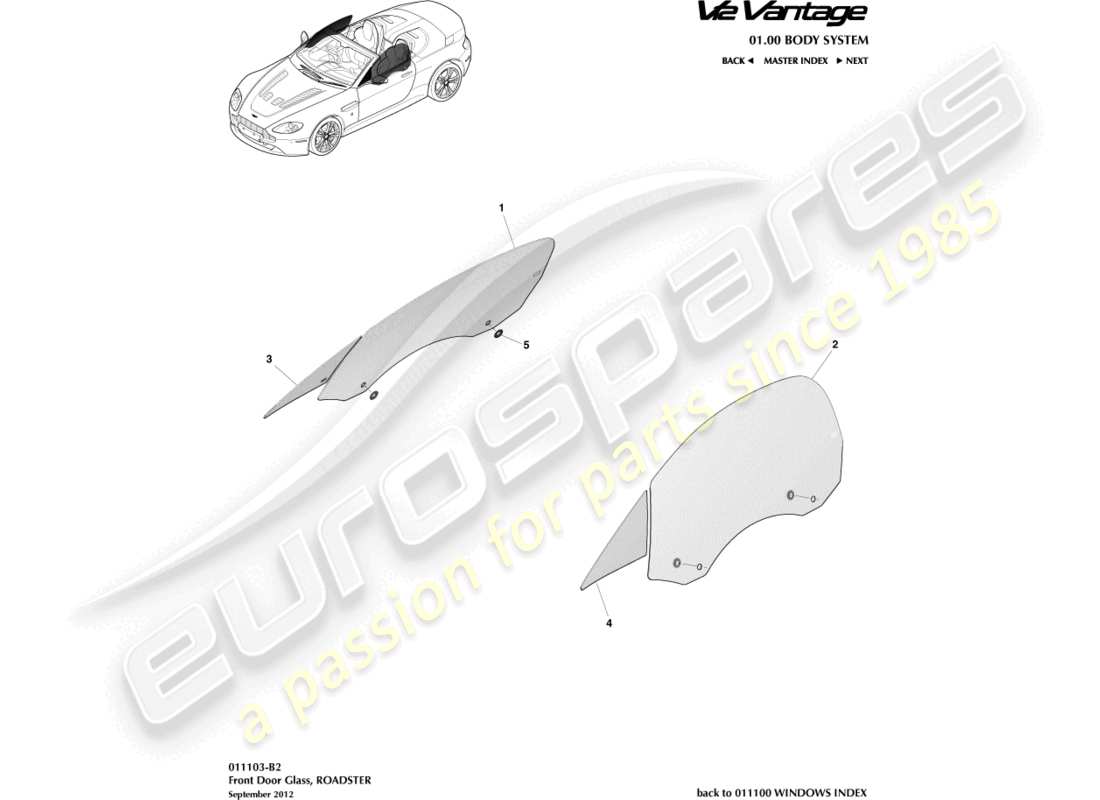 aston martin v12 vantage (2010) vidrio de puerta, diagrama de piezas del roadster