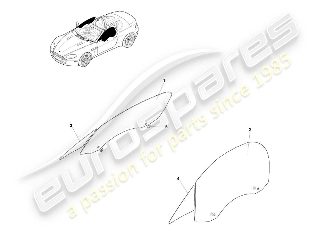 aston martin v8 vantage (2005) vidrio de puerta, diagrama de piezas del roadster