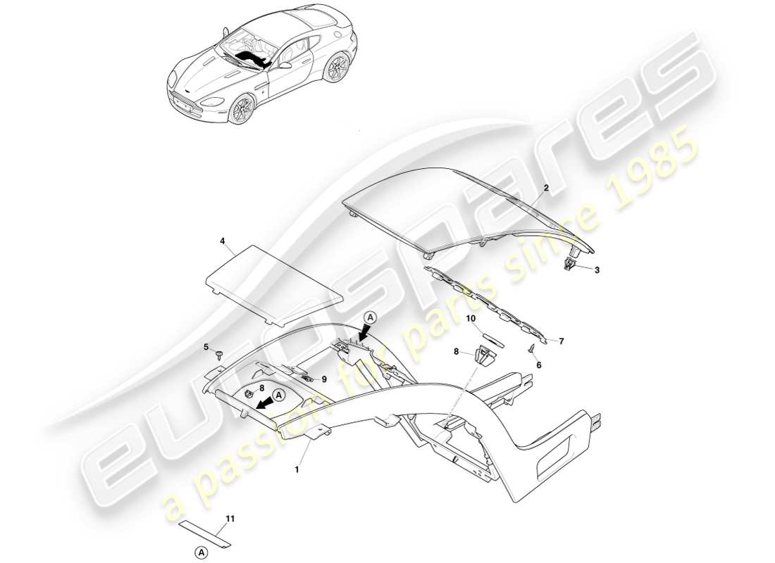 aston martin v8 vantage (2005) consola central, menos navegación por satélite a 16my diagrama de piezas
