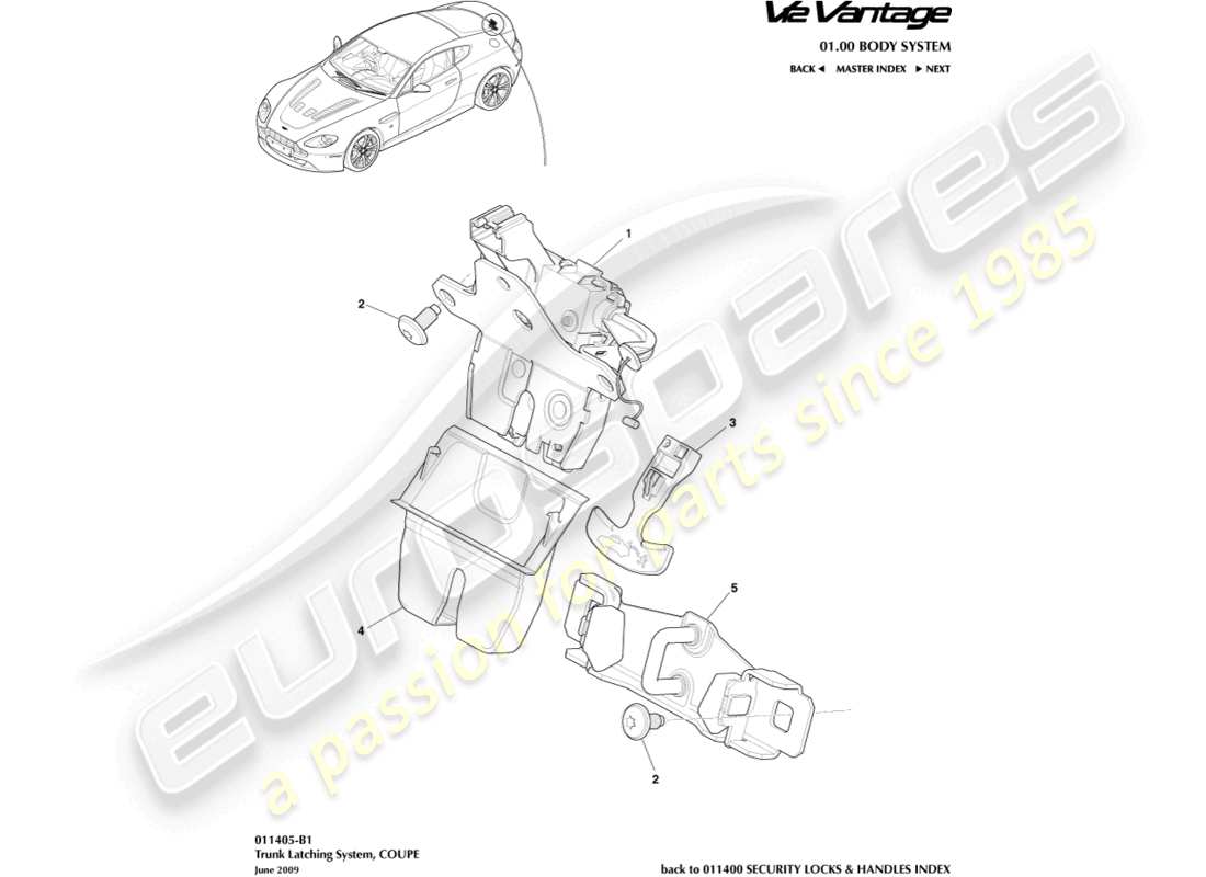 aston martin v12 vantage (2013) sistema de cierre del maletero, diagrama de piezas del cupé