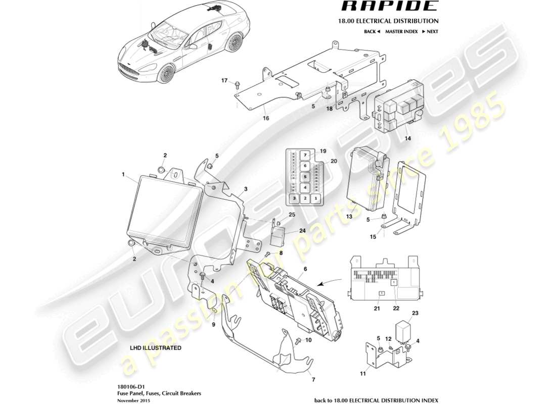 aston martin rapide (2012) paneles de fusibles diagrama de piezas