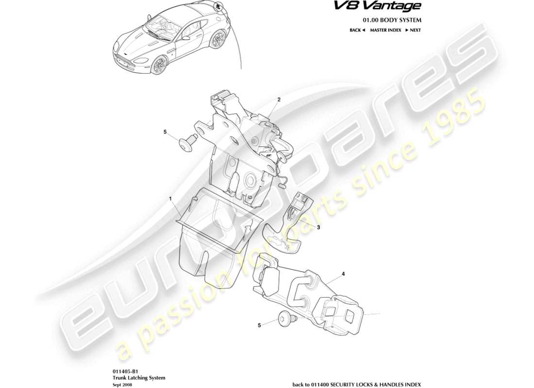aston martin v8 vantage (2006) diagrama de piezas del sistema de cierre del maletero