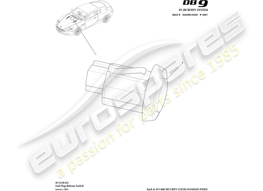 aston martin db9 (2008) diagrama de piezas del interruptor de liberación del llenado de combustible