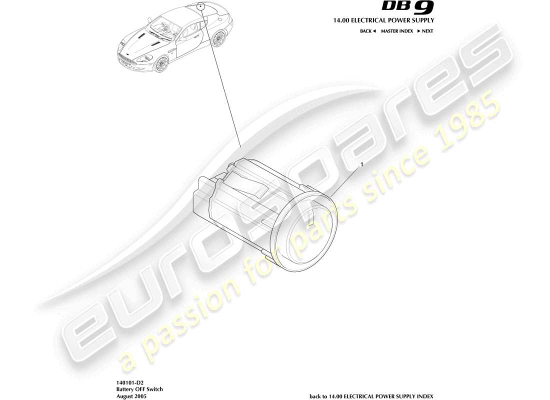 aston martin db9 (2008) diagrama de piezas del interruptor de apagado de batería