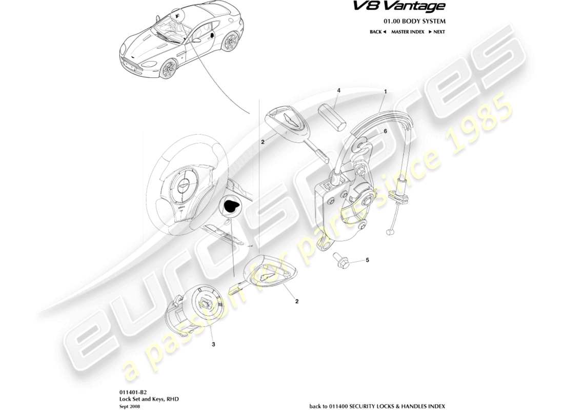 aston martin v8 vantage (2012) juego de cerradura y llaves, diagrama de piezas del volante a la derecha