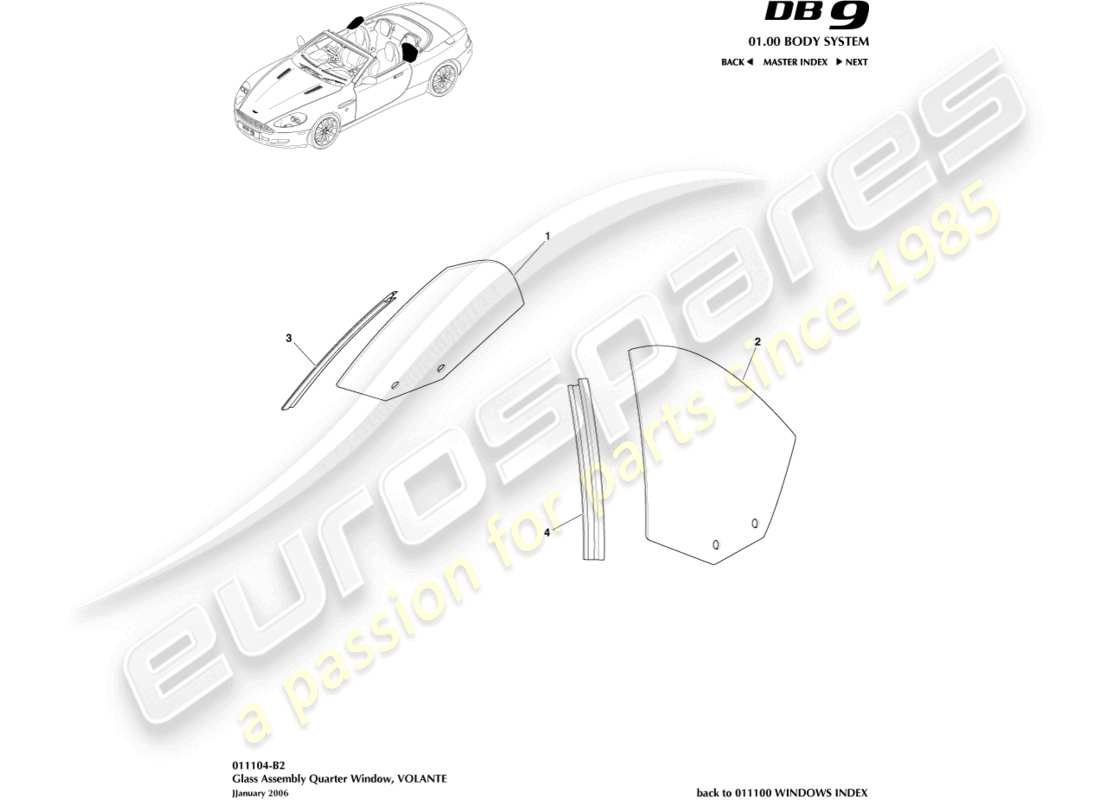 aston martin db9 (2008) vidrio del cuarto trasero, diagrama de piezas de volante
