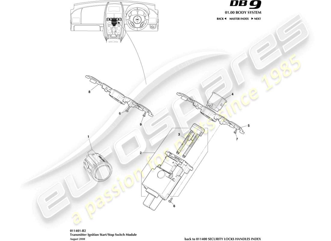 aston martin db9 (2008) diagrama de piezas del módulo de inicio/parada