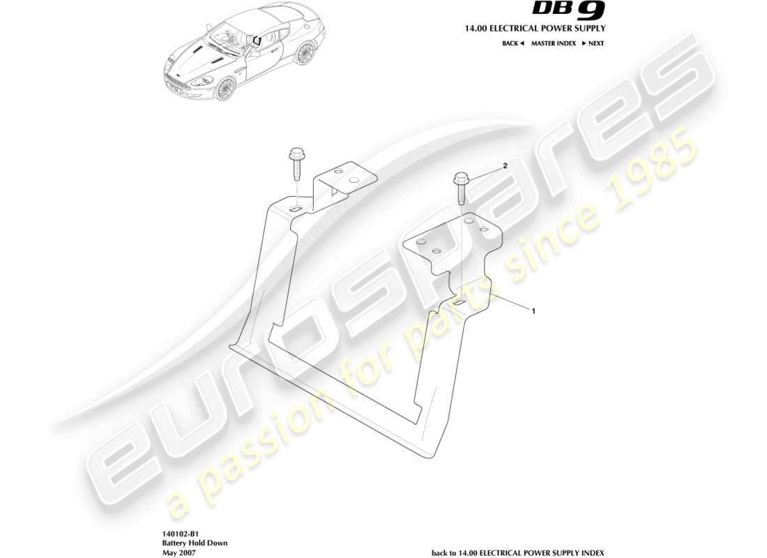 aston martin db9 (2008) diagrama de piezas de sujeción de batería