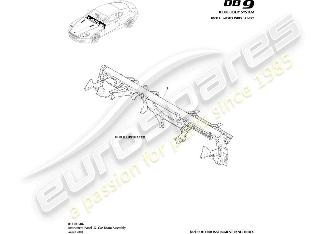 aston martin db9 (2006) viga transversal ip diagrama de piezas