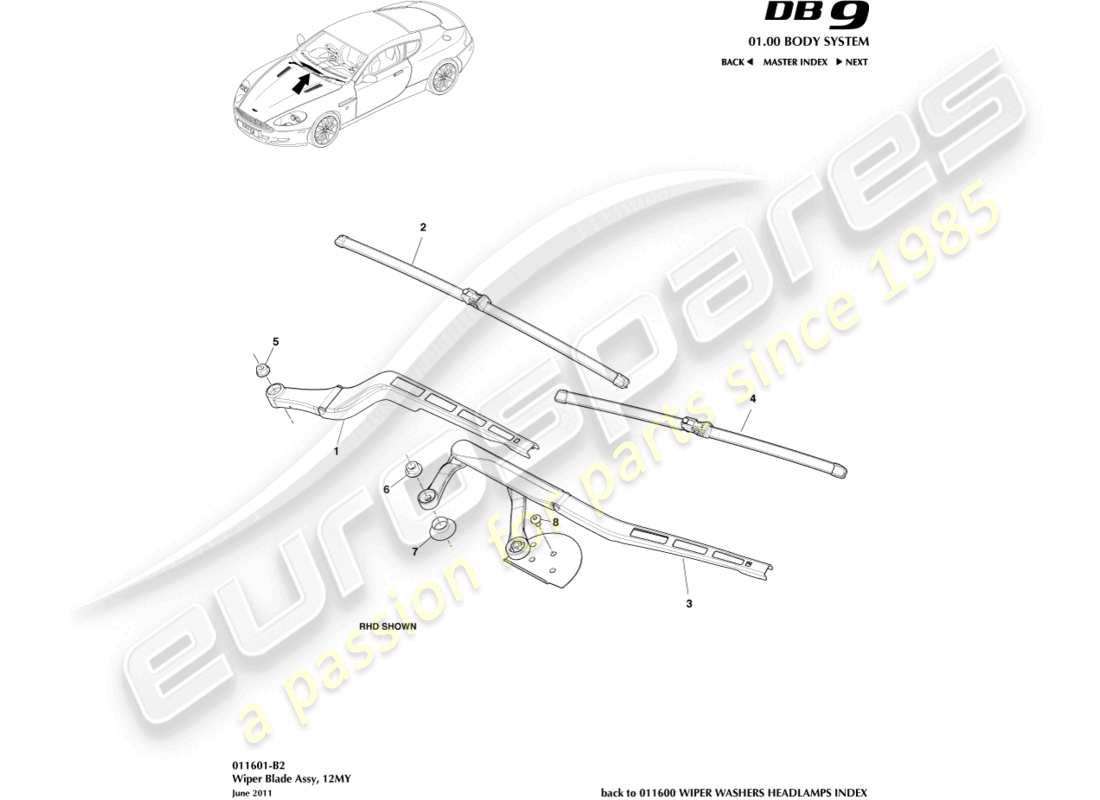 aston martin db9 (2006) conjunto de escobilla de limpiaparabrisas, 12my diagrama de piezas