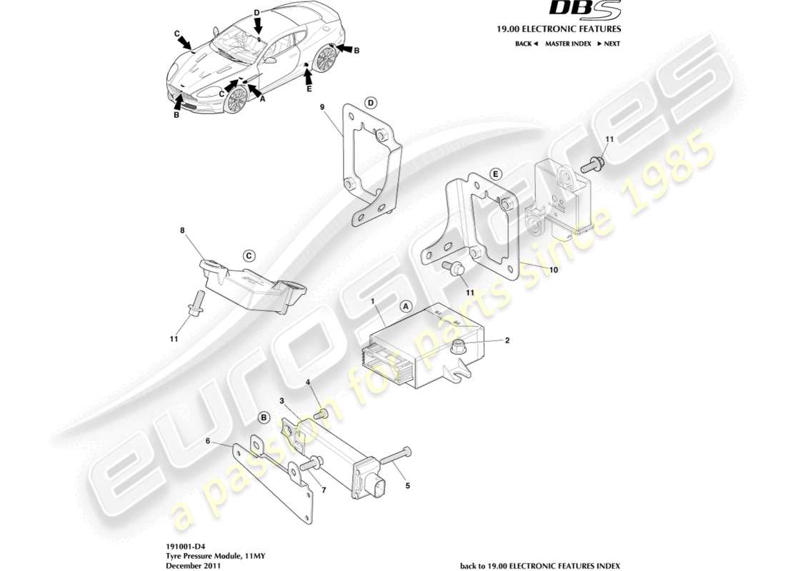 aston martin dbs (2010) módulo de presión de neumáticos, diagrama de pieza 11my