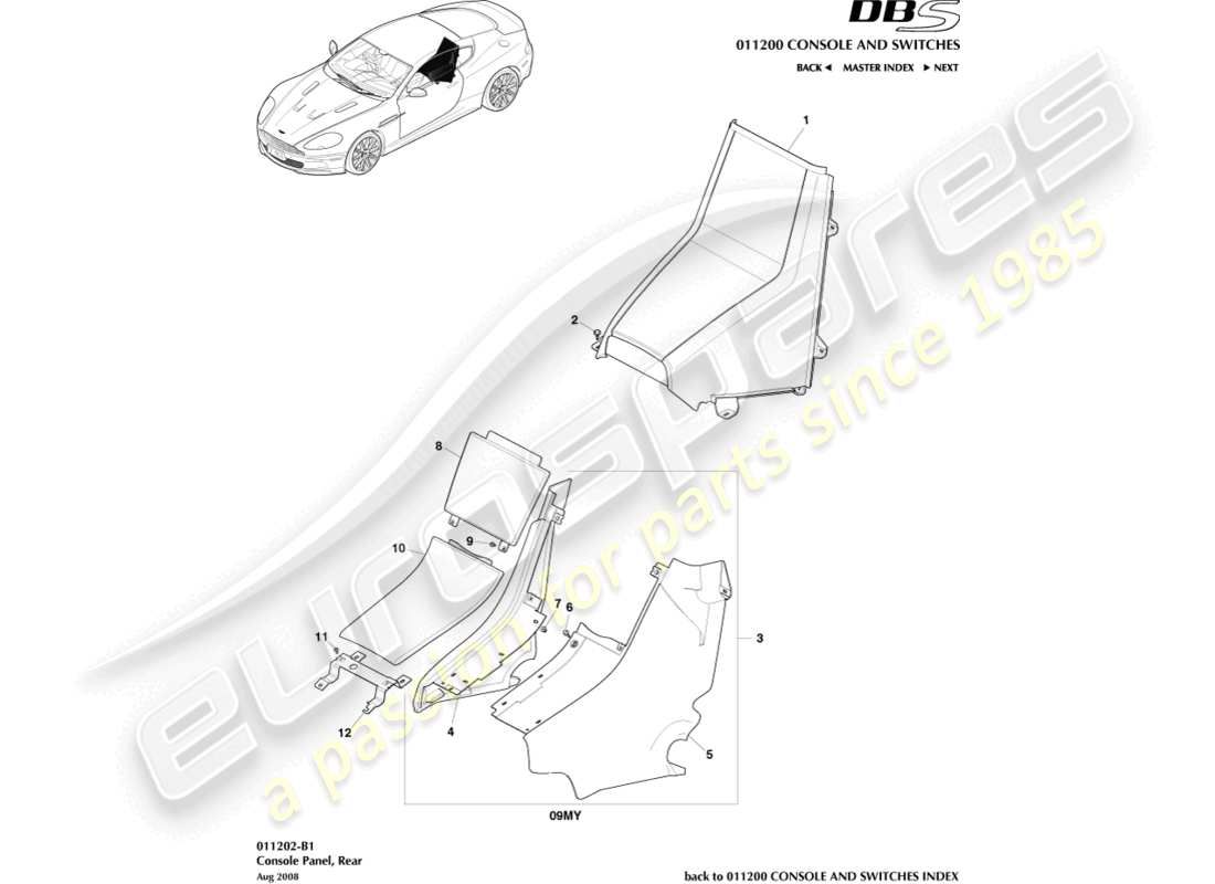 aston martin dbs (2014) consola trasera, cupé diagrama de piezas