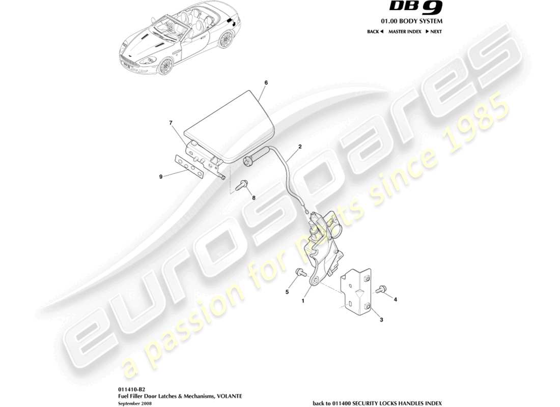 aston martin db9 (2005) mecanismo de llenado de combustible, diagrama de piezas de volante
