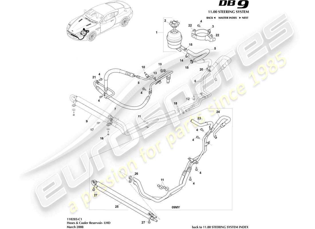 aston martin db9 (2010) diagrama de piezas del enfriador, mangueras y depósito, lhd