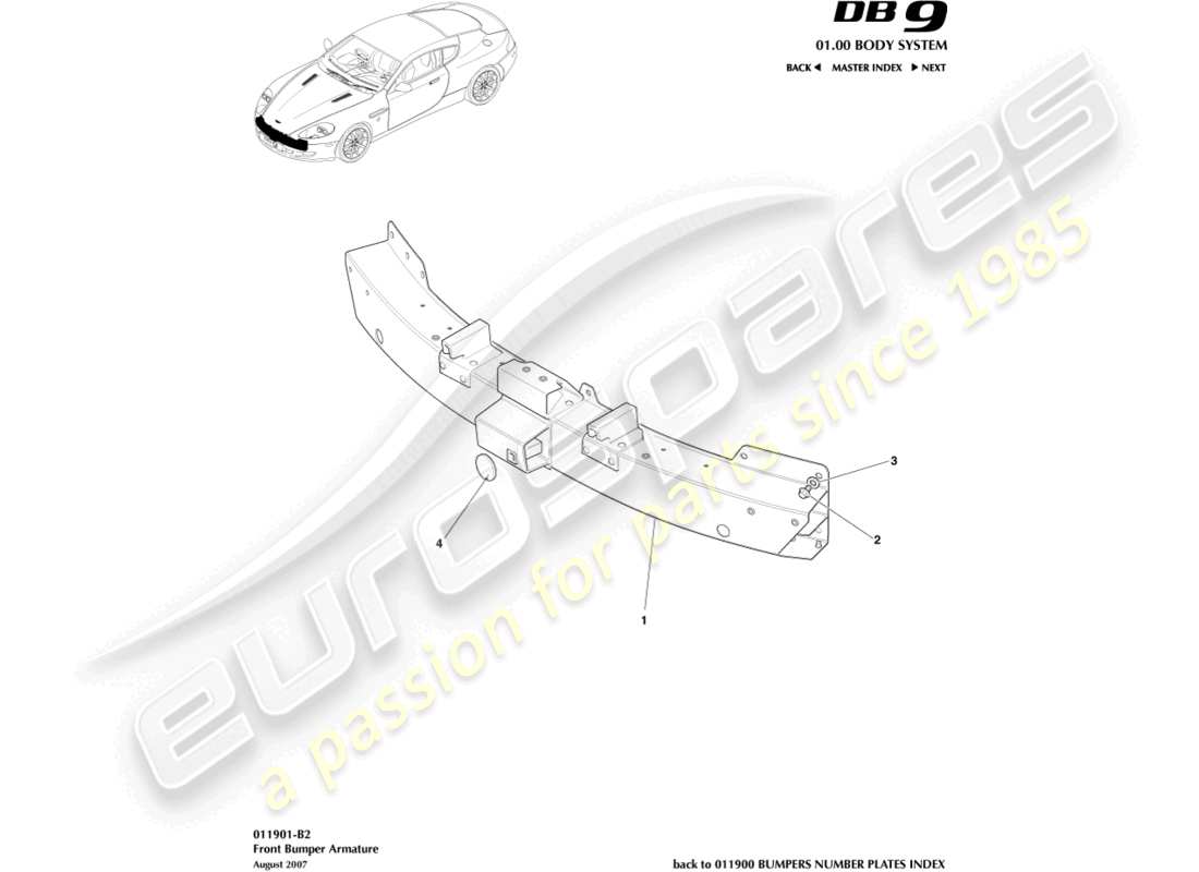 aston martin db9 (2005) diagrama de piezas de la armadura del parachoques delantero