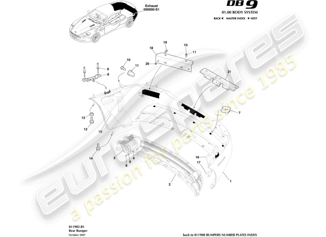 aston martin db9 (2005) diagrama de piezas del parachoques trasero
