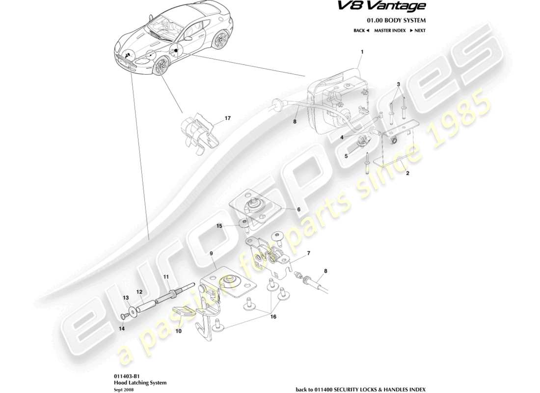 aston martin v8 vantage (2013) diagrama de piezas del sistema de cierre del capó