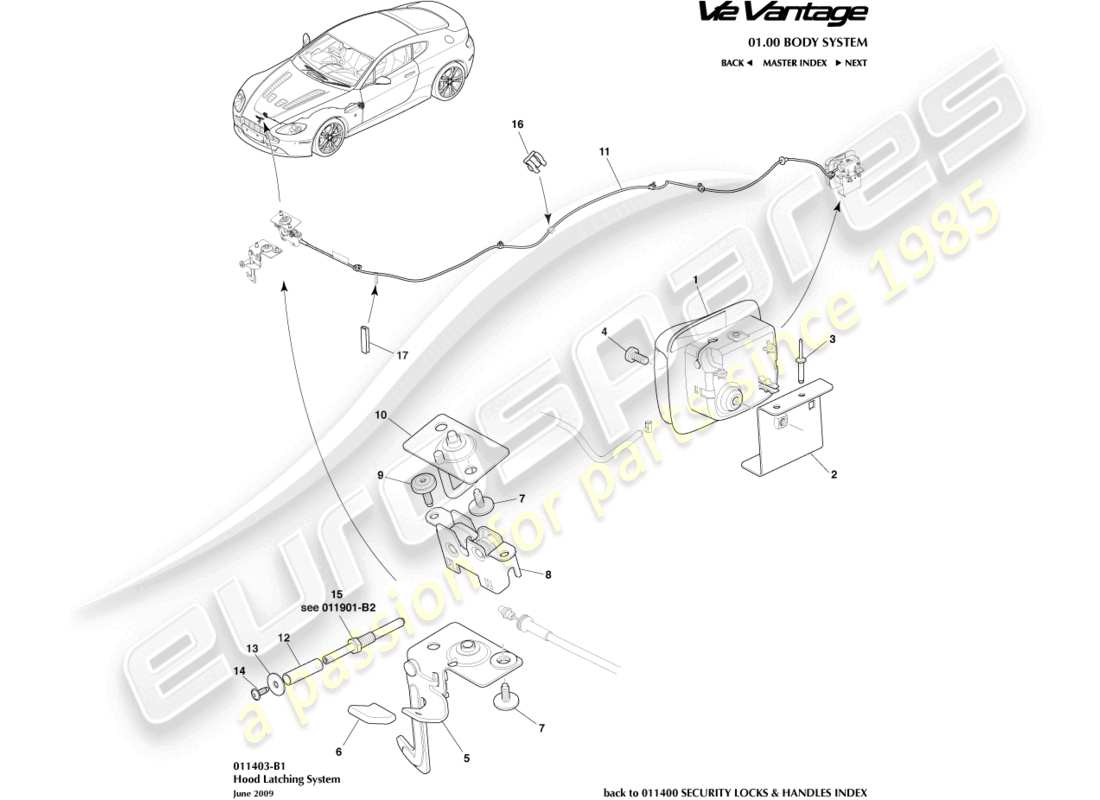 aston martin v12 vantage (2010) diagrama de piezas del sistema de cierre del capó