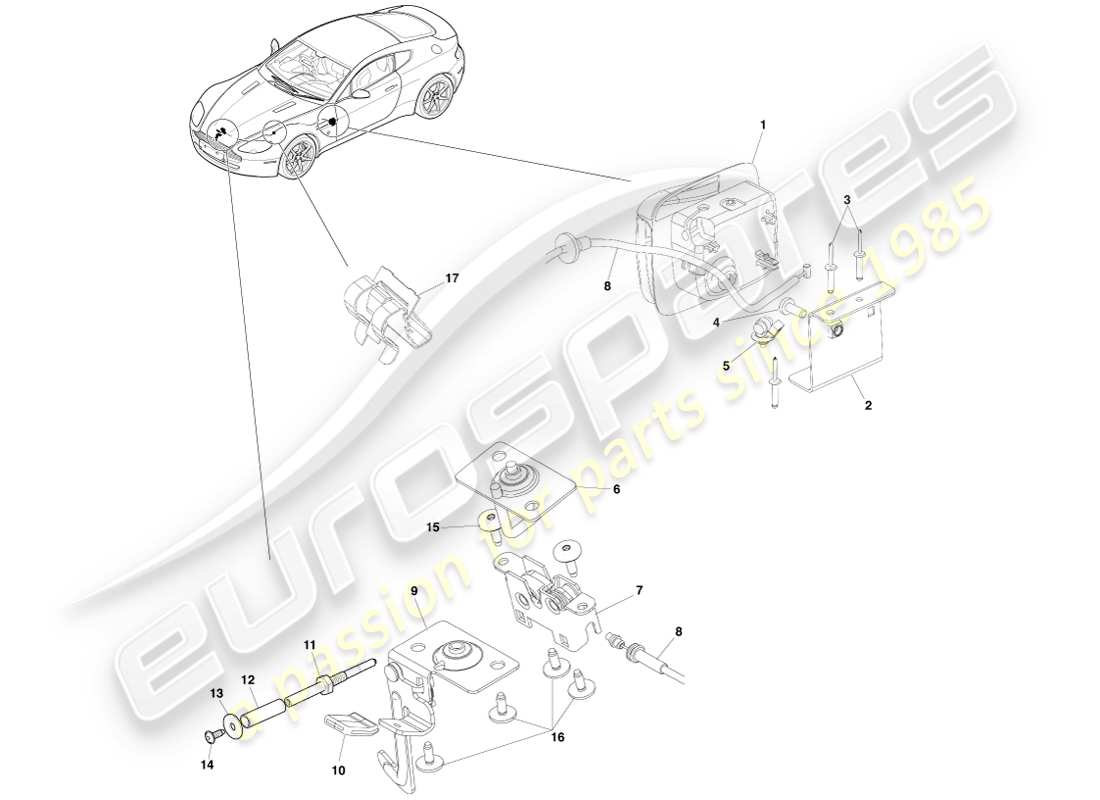 aston martin v8 vantage (2005) diagrama de piezas del sistema de cierre del capó