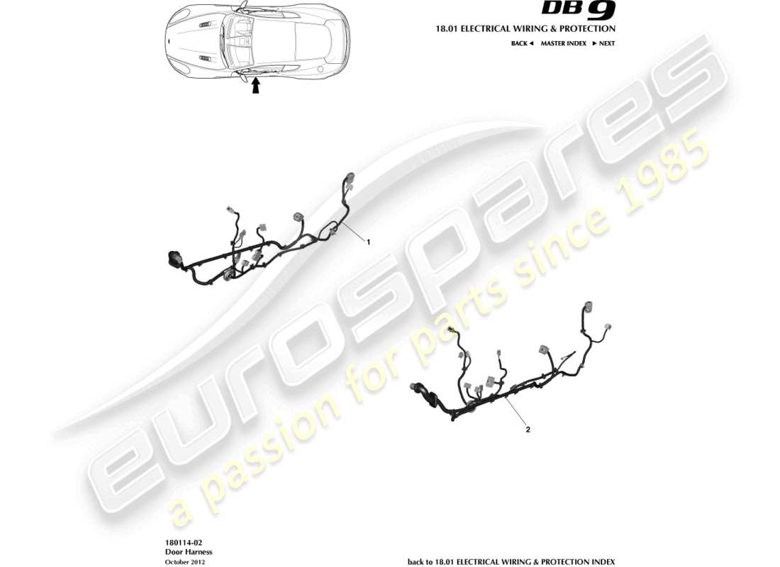 aston martin db9 (2015) diagrama de piezas del arnés de la puerta