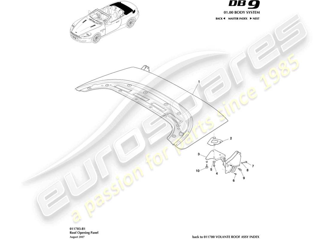 aston martin db9 (2005) diagrama de piezas del panel de abertura del techo