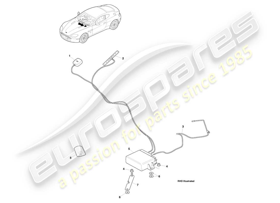 aston martin v8 vantage (2007) tracker, cobra, diagrama de pieza 14my