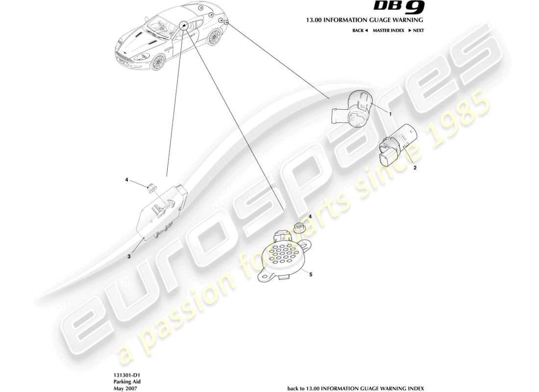 aston martin db9 (2010) diagrama de piezas de los sensores de ayuda al estacionamiento