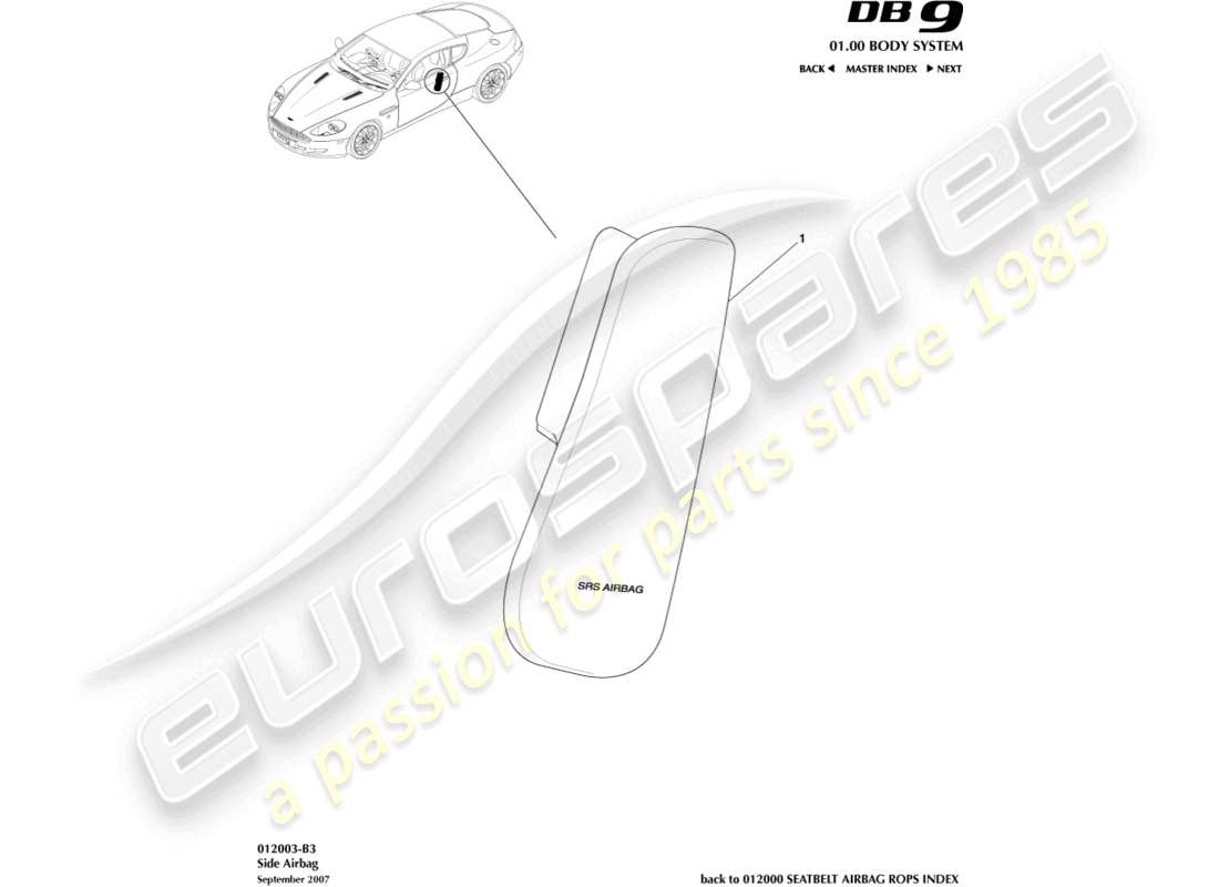 aston martin db9 (2006) diagrama de piezas del airbag lateral