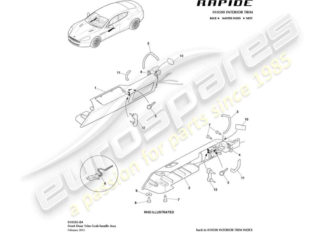 aston martin rapide (2012) manija de la puerta delantera diagrama de piezas