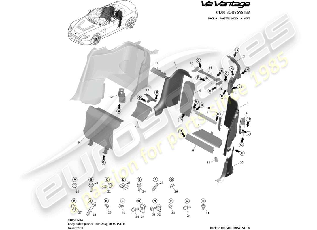 aston martin v12 vantage (2011) guarnecido lateral de la carrocería, diagrama de piezas del roadster