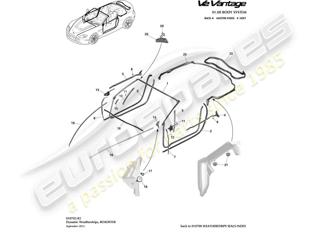 aston martin v12 vantage (2012) burletes dinámicos, diagrama de piezas del roadster