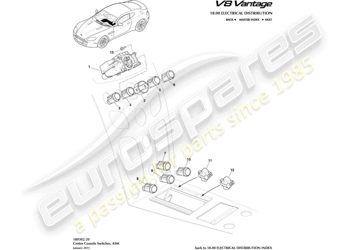aston martin v8 vantage (2018) interruptores del panel central, asm, diagrama de piezas 16my