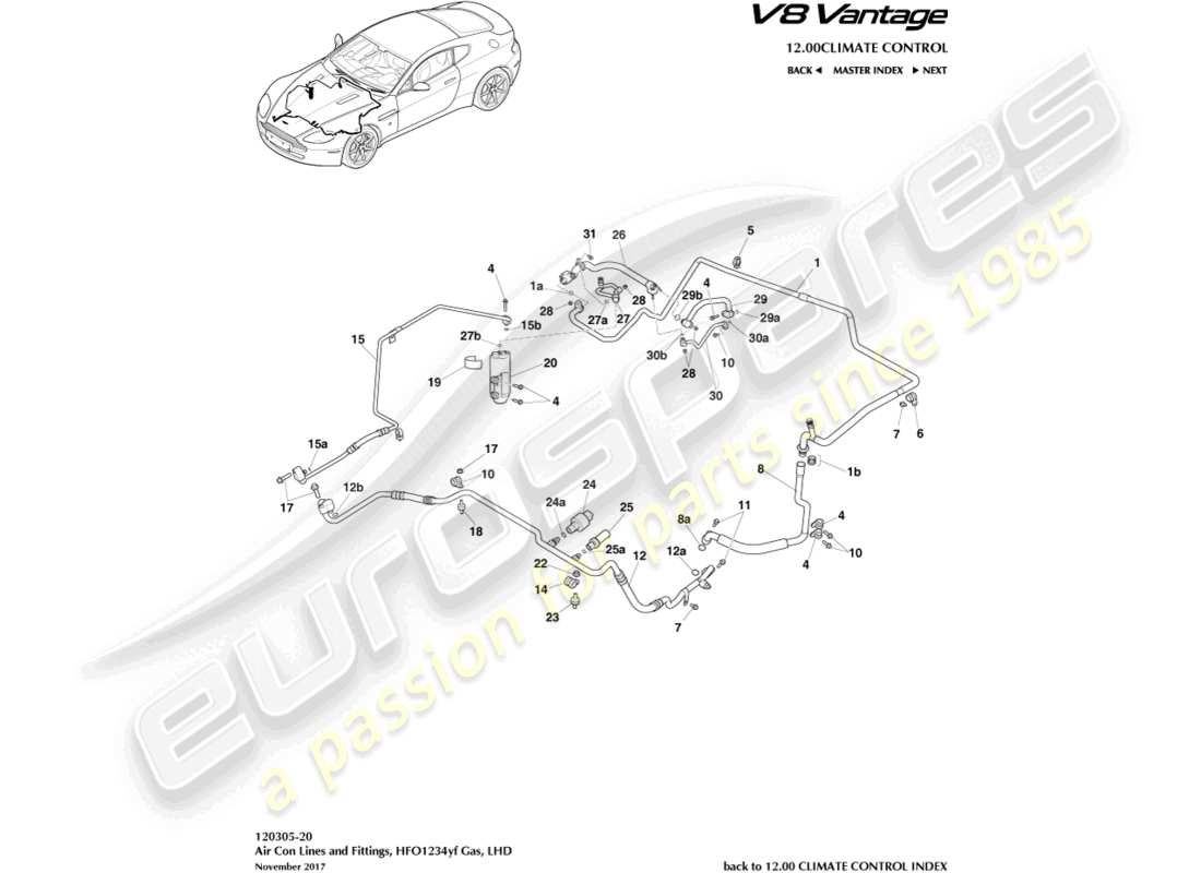 aston martin v8 vantage (2016) líneas de aire acondicionado, hfo1234yf gas, diagrama de piezas lhd
