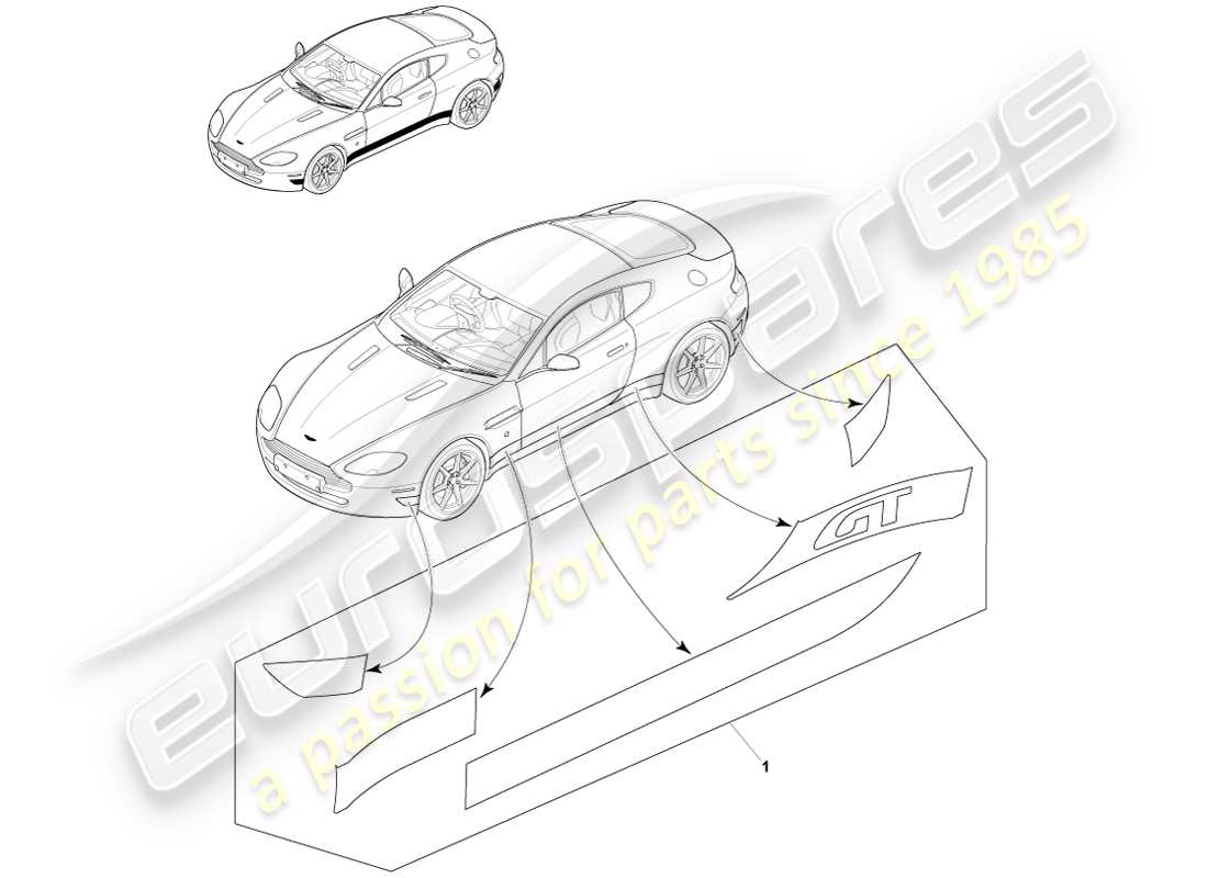 aston martin v8 vantage (2005) moldura lateral de vinilo para la carrocería, diagrama de piezas gt