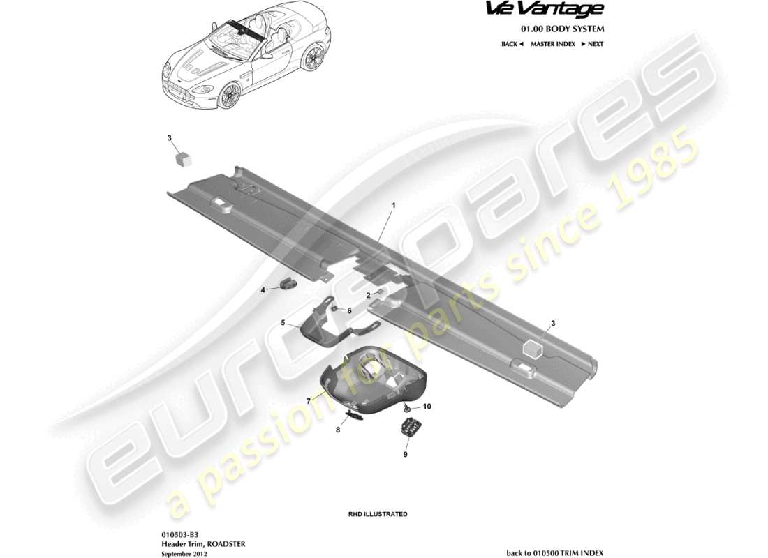 aston martin v12 vantage (2013) adorno de cabecera, diagrama de piezas del roadster