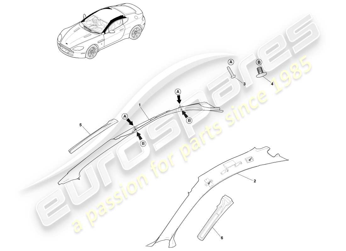 aston martin v8 vantage (2005) guarnición del pilar, superior, diagrama de piezas del cupé